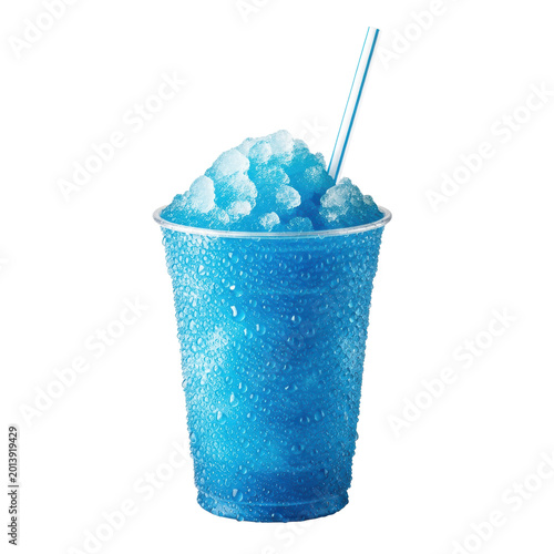 A vibrant blue raspberry slushy in a frosted plastic cup with condensation and a striped straw, isolated on a white background with copy space. Concept for beverage advertising