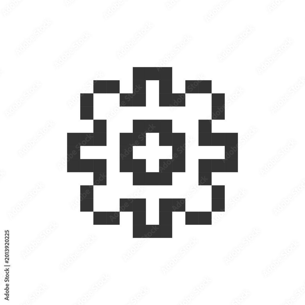 Fototapeta premium Settings gear pixelated ui icon. Device configuration. Developer mode. Setup button. Editable 8bit graphic element. Outline isolated vector user interface image for web, mobile app. Retro style