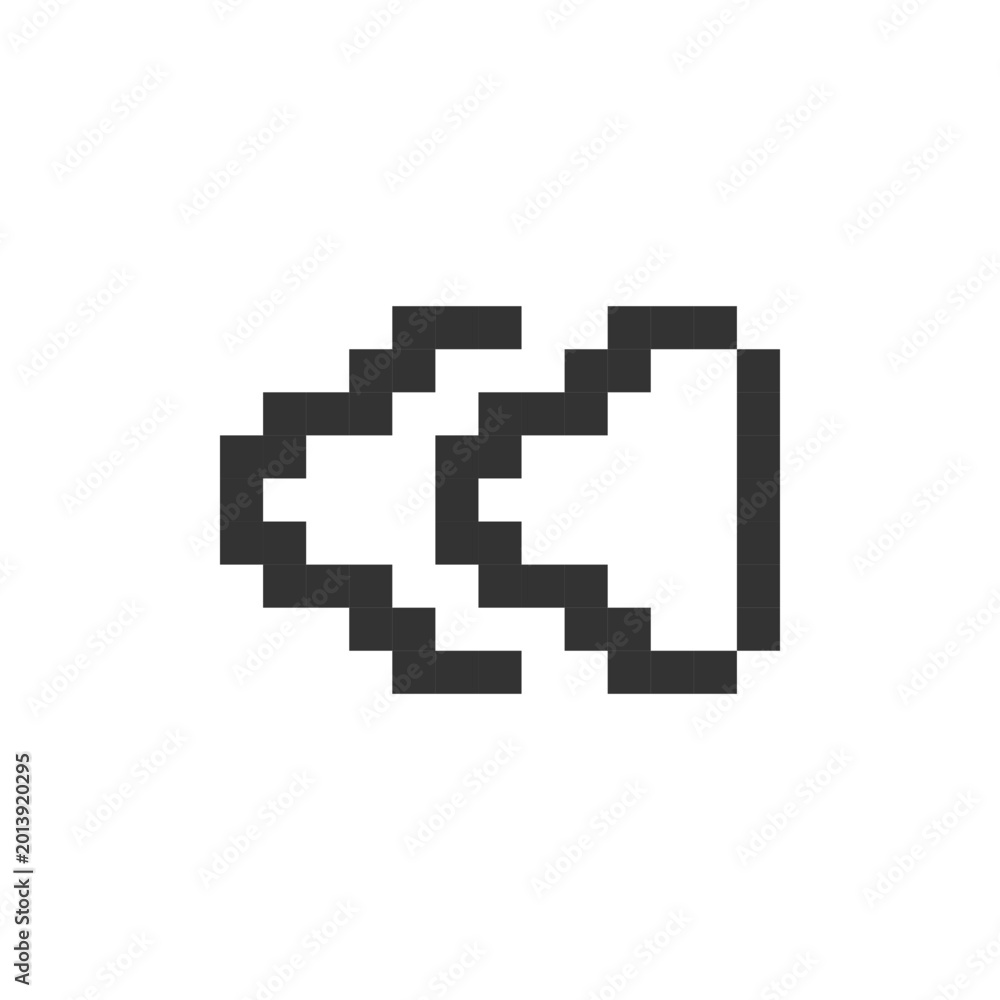 Obraz premium Fast reverse button pixelated ui icon. Music player bar. Playing multimedia file. Rewind. Editable 8bit graphic element. Outline isolated vector user interface image for web, mobile app. Retro style