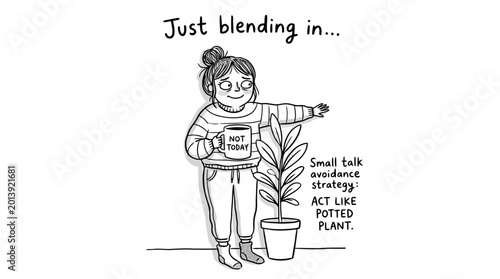 Photos Introverted woman illustration pretending to be a potted plant to avoid small talk