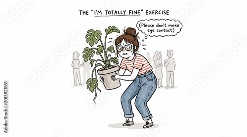 Foto Stressed person holding a plant to avoid social interaction at a party