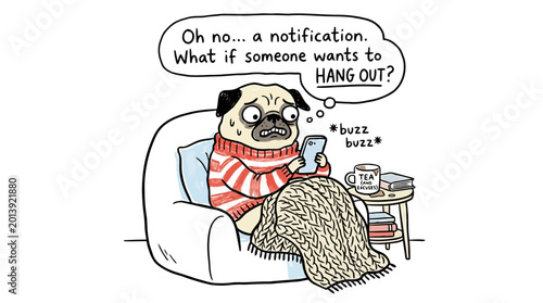 Foto Introverted pug dog character feeling anxious about social notifications on mobile phone while relaxing in armchair