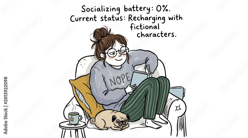 Εκτύπωση καμβά Woman recharging social battery while reading book with pug dog and hot tea on sofa