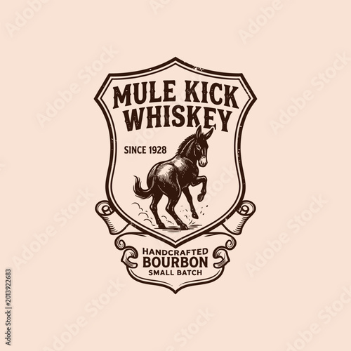 Obraz na płótnie Mule Kick Whiskey Shield Badge Vector Logo with Vintage Bourbon Branding