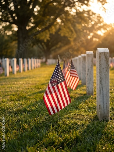 Rows of American flags and tombstones in a cemetery at golden hour, symbolizing memorial and respect.