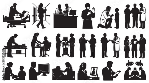 Tableau sur toile Comprehensive black silhouette set of healthcare professionals in diverse medical poses such as performing surgery, examining patients, consulting teams, nursing care, and clinical diagnostics