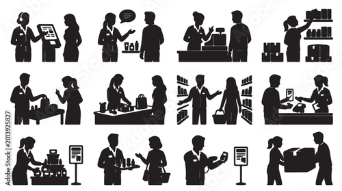 Comprehensive black silhouette set of retail staff and customers in diverse shopping interactions such as scanning products, stocking shelves, using kiosks, gift wrapping