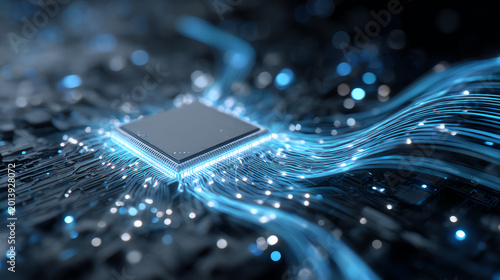High-tech microprocessor with glowing circuits, representing innovation and advancement in computing technology.
