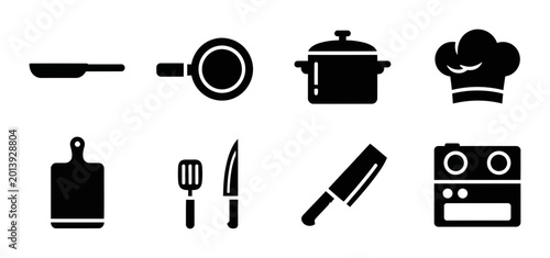 Kitchenware icon set solid black silhouette cooking tools, white background