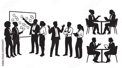 Comprehensive black silhouette set of professional business figures in diverse scenarios such as whiteboard brainstorming sessions, team meetings, corporate interviews, and office conversations