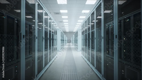 White Data Center Warehouse Server Racks Process, Store and Route Compute, Network and Backup Workloads for AI Training, Cloud Apps, Analytics and Research Databases. Forward Dolly, Low-angle Shot