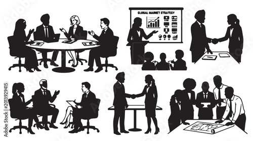 Comprehensive collection of diverse professional black silhouette figures depicting various business interactions including global market strategy meetings, team handshakes, and group collaboration.