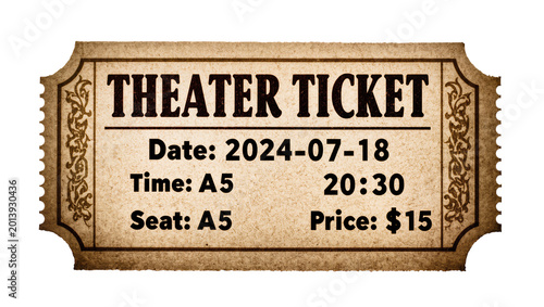 Quadro su tela Isolated vintage theater ticket for entertainment event performance with date an
