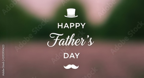 Happy Father's Day greeting with top hat and mustache illustration on blurred background