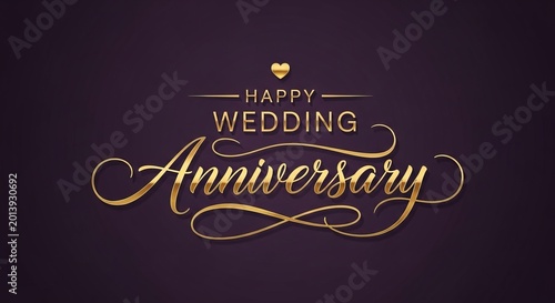 Happy Wedding Anniversary Golden Script Text with Heart Icon on Purple Background