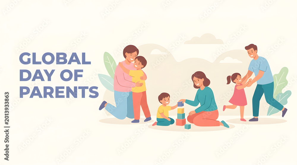 Fototapeta premium Family celebrating Global Day of Parents with children in colorful illustration