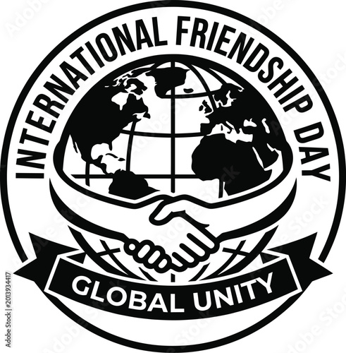 International friendship day logo with global unity handshake Vector Friendship Day