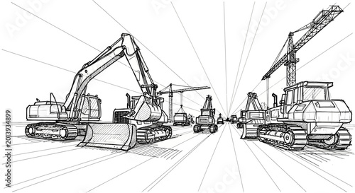 Detailed architectural draft illustration of heavy construction machinery on a site, showcasing precise perspective lines and engineering equipment