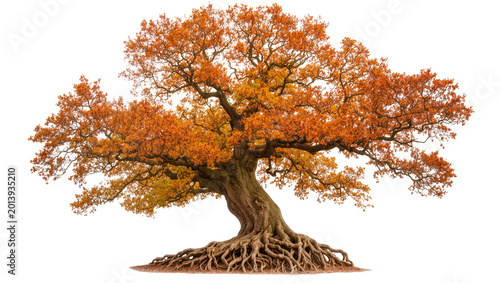 фотографія Isolated ancient oak tree with vibrant orange autumn leaves, powerful trunk, and