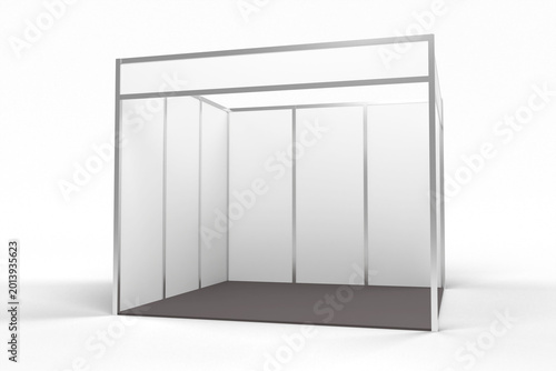 White blank indoor trade exhibition booth standard stand for presentation in perspective isolated on background 3d rendering