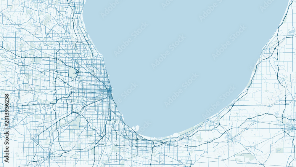 Obraz premium Modern minimalist vector map of Chicago, Illinois, USA. High-quality scalable illustration of Chicago city grid, Navy Pier, The Loop, and Michigan Lake coastline for posters and urban 