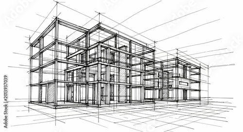 Dynamic conceptual architectural sketch illustrating the intricate framework of a modern multi-story urban building, showcasing structural design and visionary urban planning principles