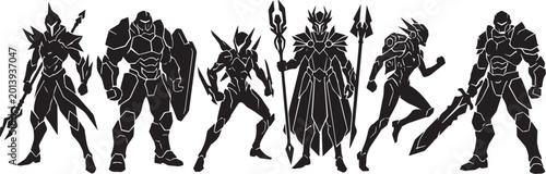 Fantasy warrior silhouettes set, black knight and paladin character vector collection, medieval rpg hero figures with swords and armor