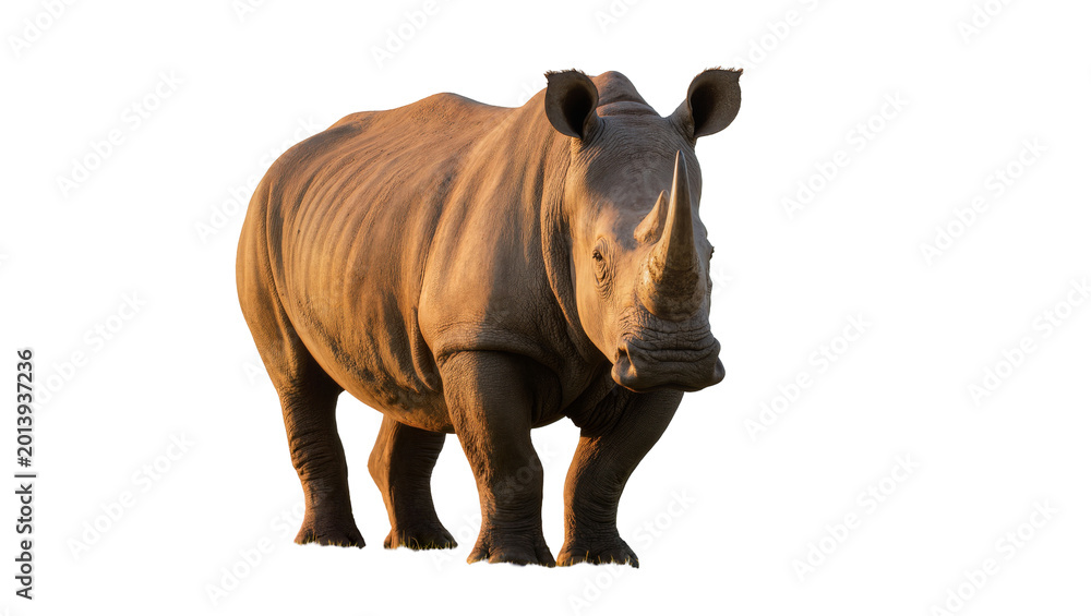 Obraz premium Isolated magnificent adult white rhinoceros standing full body under natural warm light