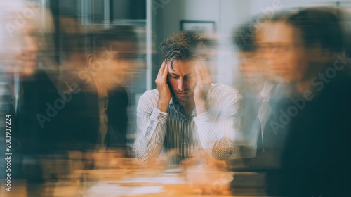 Stress, migraine and motion blur with a business man in a meeting feeling frustrated, tired or overworked. Mental health, anxiety and headache with an exhausted male employee suffering from fatigue