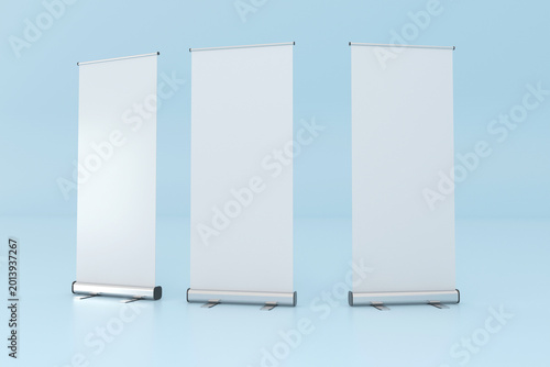 Blank roll-up banner display for advertising and presentations 3d rendering