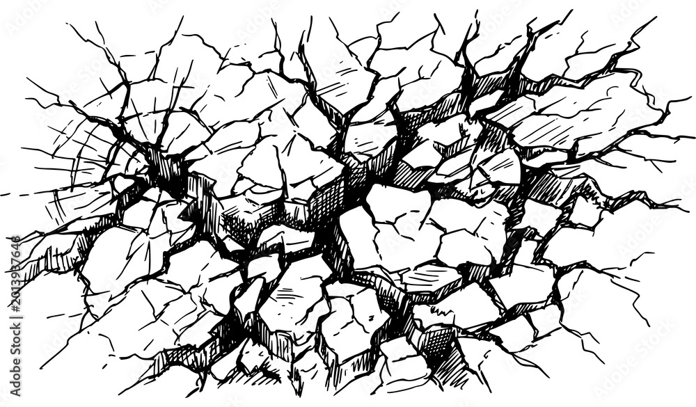 Obraz premium Dramatic cracked earth illustration black and white sketch style