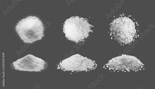 Quadro su tela A set of fine and coarse salt icons, viewed from the side and top, isolated on a gray background