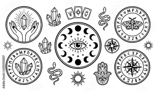 Принти на полотні Mystical occult symbols collection crystals tarot celestial and protective amule