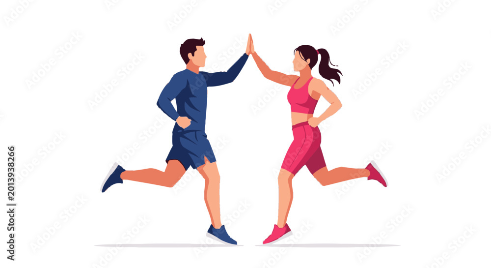 Obraz premium Couple Running and Giving High Five on White Background