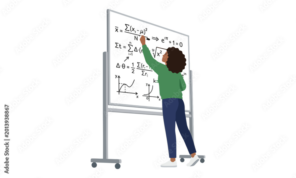 Obraz premium Woman Writing Mathematical Formulas on Whiteboard Vector