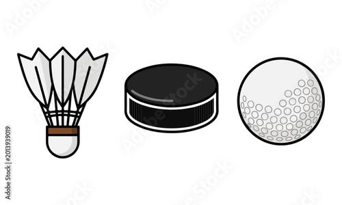 Photography Shuttlecock hockey puck and golf ball sports equipment icons