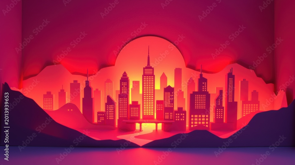 Fototapeta premium Papercraft cityscape glows warmly. Red hues dominate design, creating dramatic, stylized urban scene. Mountains frame skyline.
