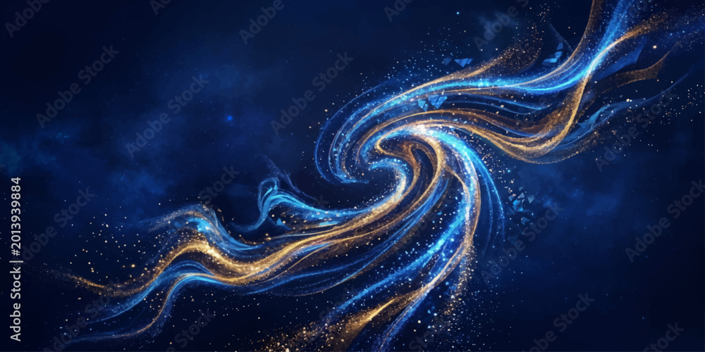 Obraz premium Abstract blue and gold energy wave background with glowing fluid lines and futuristic cosmic effect