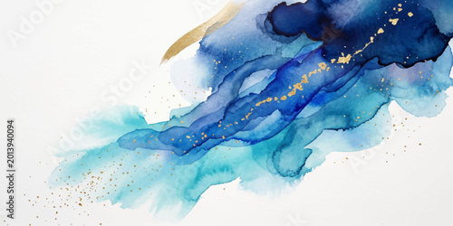 Abstract blue watercolor background with flowing fluid ink texture and elegant gold accent design