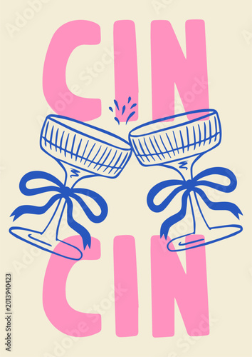 A trendy La Dolce Vita style poster featuring champagne glasses tied with a bow against a backdrop of handwritten 