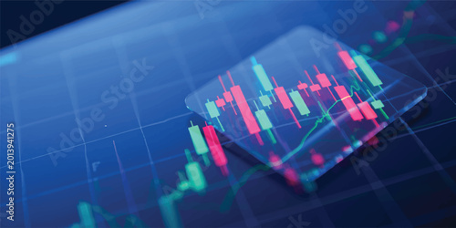 Fotografie An abstract blue technology illustration depicts a stock market growth chart int