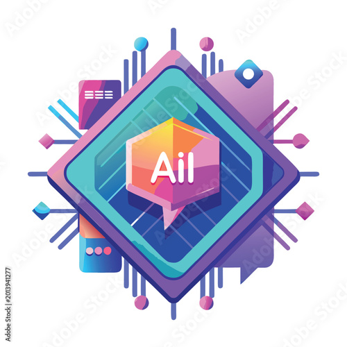 Photography Microchip processor logo with speech bubble and hexagon ail text sign for artificial intelligence communication and smart technology applications