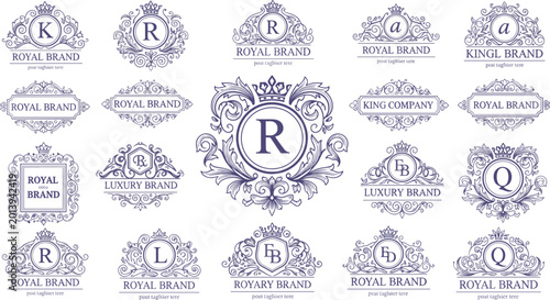 Royal Luxury Monogram Logo Badge Set with Crown, Crest, and Ornamental Frame Designs