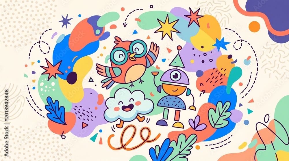 Fototapeta premium Whimsical illustration of a creative brain, bursting with playful characters, abstract shapes, and vibrant ideas, symbolizing imagination and innovative thought processes