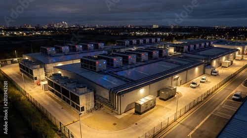 Aerial view of a large-scale modern data center facility illuminated at night with rooftop cooling infrastructure and secure perimeter.