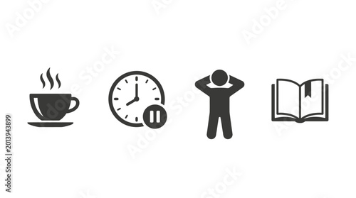 Relaxation icons a coffee cup, a pause clock, a person resting and an open book