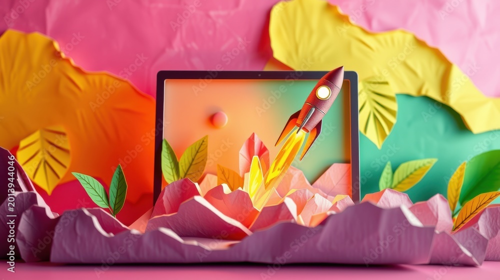 Fototapeta premium Colorful papercraft scene depicts rocket launching from tablet screen. Mountains, sun, foliage create whimsical digital landscape.