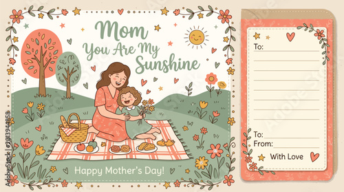 фотографія A heartwarming illustration for Mother's Day, depicting a mother and child enjoying a picnic in a sunny meadow, surrounded by flowers and trees, with a message that reads Mom, You Are My Sunshine