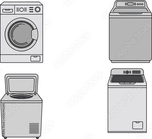 Fotografie Washing machine illustration showing front‑loading and top‑loading designs with
