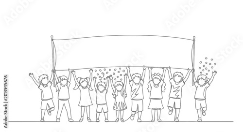 Slika na platnu A group of happy diverse children holding up a large blank banner together